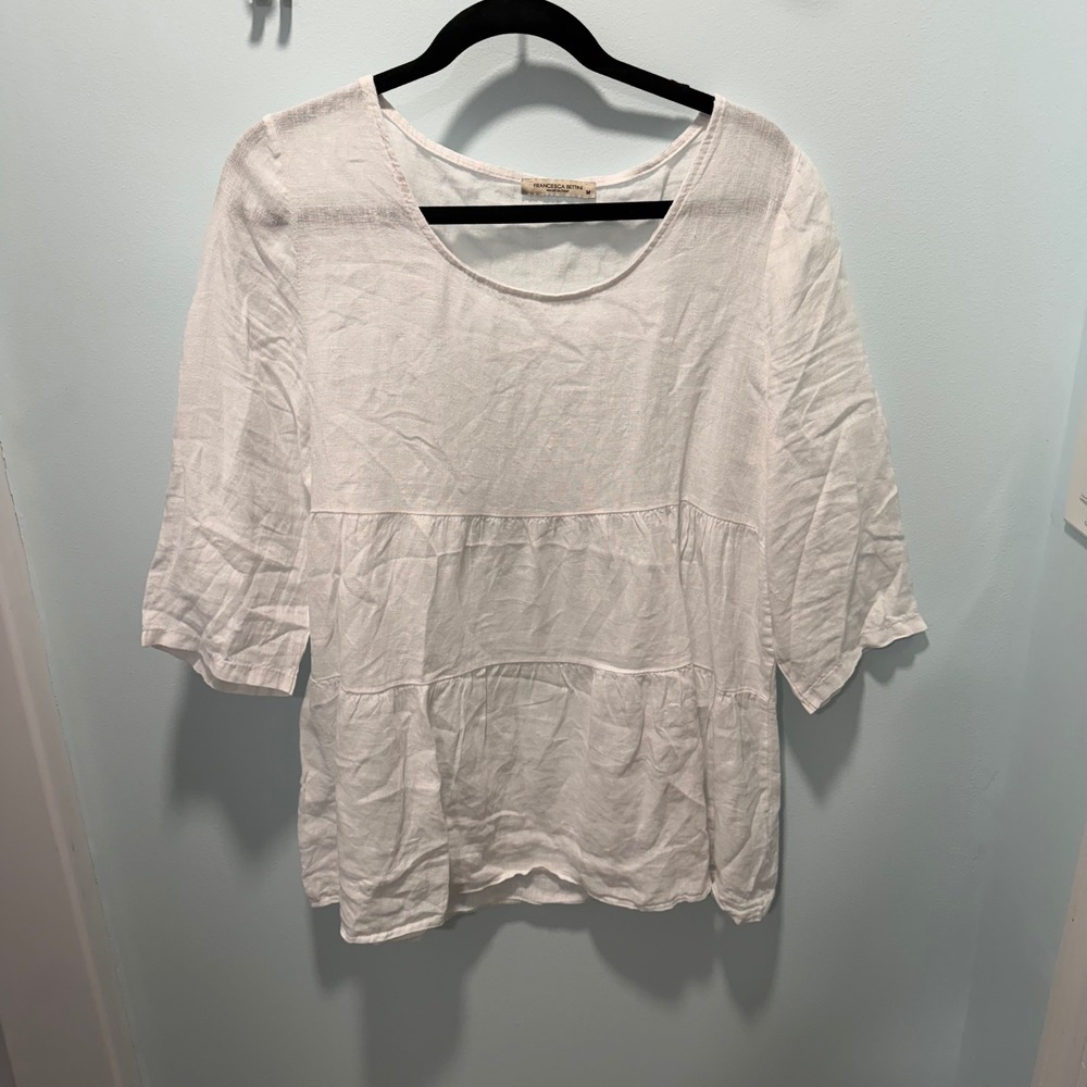 Francesca Bettini Made in Italy Size M White 100% Linen Tiered Tunic Top